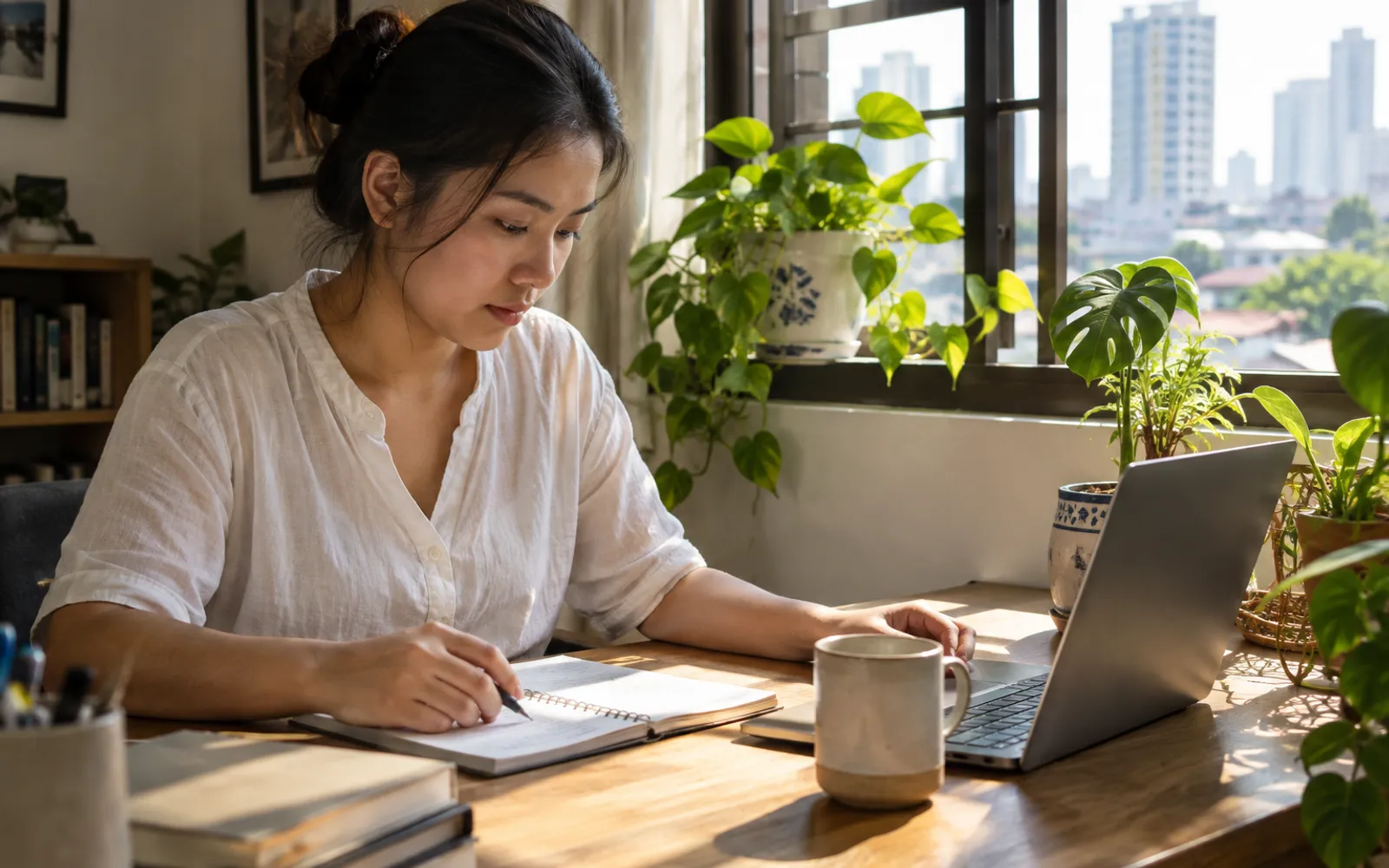 A bookkeeper working from home in the morning light